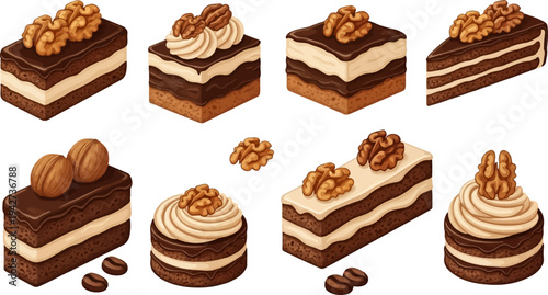 Assortment of chocolate cakes topped with walnuts and cream