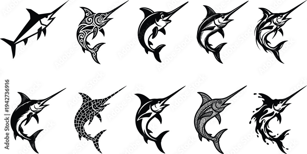 Fototapeta premium Marlin fish jumping silhouette vector collection featuring sport fishing swordfish illustrations in tribal, geometric and modern styles, marine wildlife icons isolated on white background