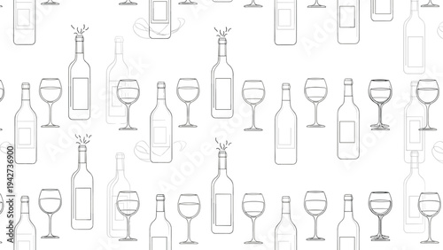 Minimalist seamless pattern featuring black and white outlines of various wine bottles and glasses for an elegant drink related theme.