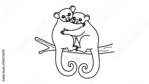 Affectionate Embrace: Two adorable animals engage in a warm embrace while perched on a tree branch, creating a heartwarming scene of affection and companionship.