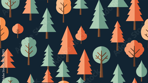 Geometric seamless pattern of stylized pine trees in various shades of orange and green set against a dark blue forest background.