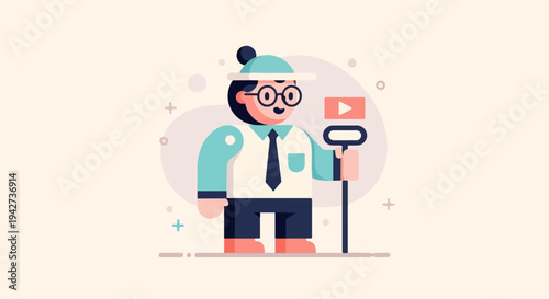 Animated character in a hat and glasses holds a stick with a play button icon