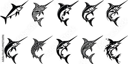 Marlin fish jumping silhouette vector collection featuring sport fishing swordfish illustrations in tribal, geometric and modern styles, marine wildlife icons isolated on white background
