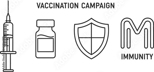 Vaccination Campaign Icon Set with Syringe Vaccine Bottle and Shield