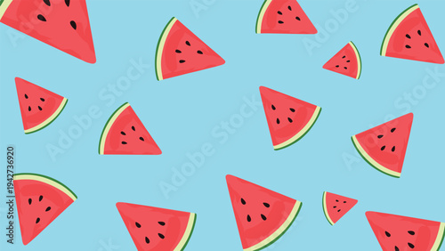 Refreshing summer pattern featuring bright red watermelon slices with seeds scattered across a vibrant light blue background.