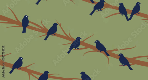 Seamless vector pattern of dark blue birds perched on brown tree branches against a muted green background, ideal for nature-themed designs, textiles, and digital backgrounds.