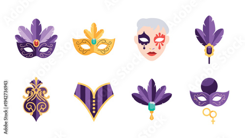 Colorful carnival mask collection with ornate details and decorative elements