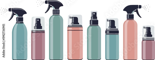 Assortment of colorful spray bottles with pump and foam dispensers