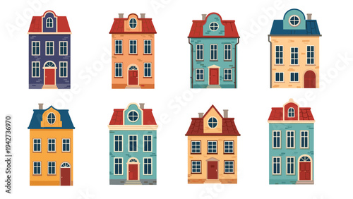 Charming collection of colorful european style townhouses with different architectural details and roof shapes in a flat design.