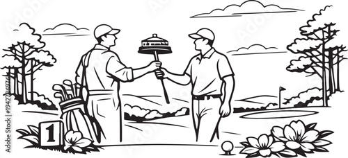 Vector outline of caddie handing club to player at Tea Olive first hole tee box, supportive gesture with rolling hills background.