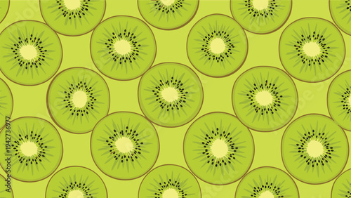 Seamless pattern design with vibrant green kiwi fruit slices packed closely together to create a fresh and healthy food background.