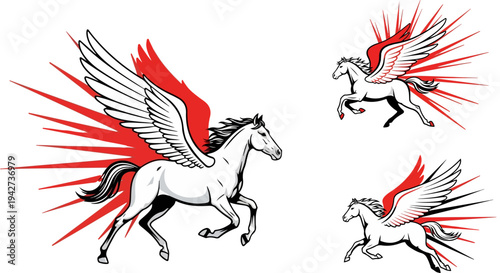 Dynamic Set of Three White Pegasus Vector Illustrations with Red Burst Accents, Ideal for Mythology, Fantasy, and Business Concepts