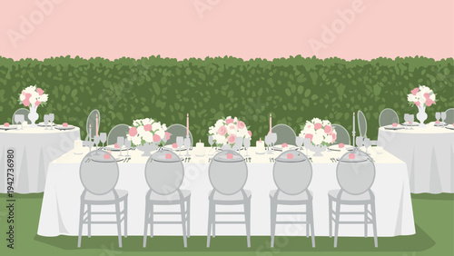 Elegant outdoor wedding reception with white table settings and floral arrangements