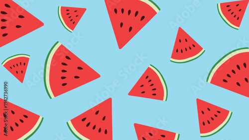 Fun summer pattern with scattered slices of juicy red watermelon on a bright blue background for a refreshing seasonal look.