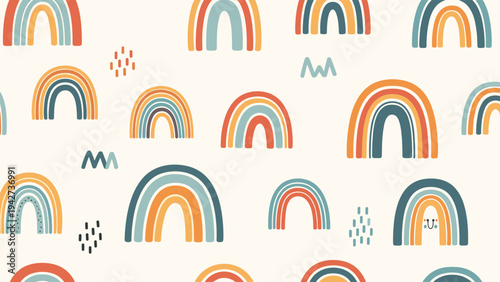 Muted color palette seamless pattern featuring hand drawn rainbows and small abstract shapes for a modern nursery or kids room.