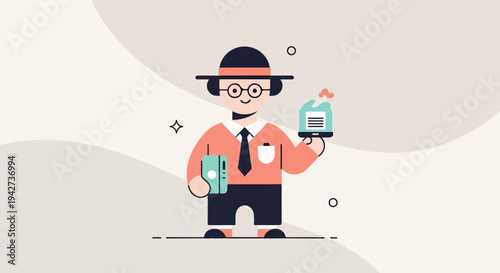 Animated character in formal wear holding a book and a tablet device