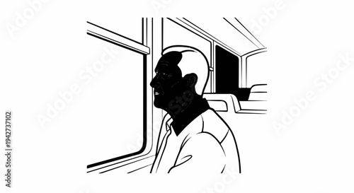 An elderly man with white hair looks out a train window, his face obscured by shadow