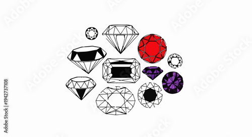 Assortment of faceted precious gemstones in various cuts, outlines, and colors
