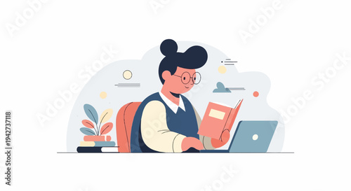 Animated character studies with a book and laptop in a stylized setting