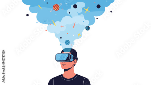 Young man wearing a virtual reality headset with an imaginative space scene of planets and stars emerging from the device in a cloud.