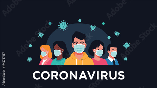 Diverse group of people wearing surgical masks for protection against the coronavirus pandemic with virus icons on a dark background.