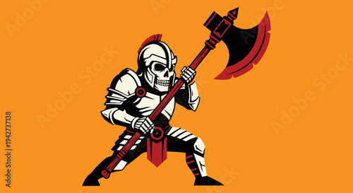 Stylized vector illustration of a powerful skeletal warrior in full armor, wielding a large red and black battle axe, ready for combat on a vibrant orange background, perfect for gaming, fantasy