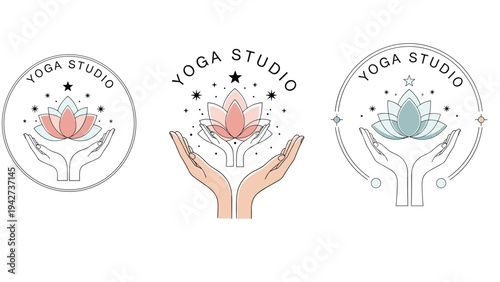 Set of yoga studio logo designs featuring a lotus flower held in open hands with stars and celestial elements in a soft color palette.