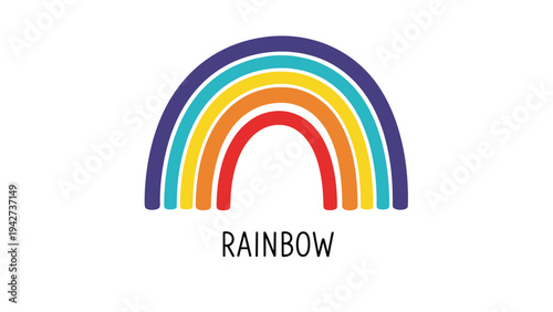 Minimalist illustration of a classic six-stripe rainbow with the word rainbow written below in a simple black font on a white background.