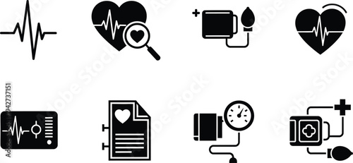 Cardiology and Blood Pressure Monitoring Glyph Icons for Medical Interface