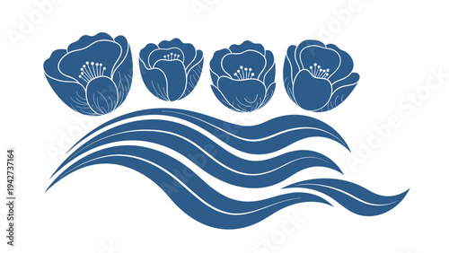 Artistic illustration featuring four deep blue flowers floating above stylized blue waves in a serene and minimalist composition on white.