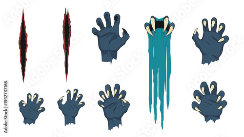 Set of scary monster claws and deep scratch marks with dark blue fur and long sharp nails for horror and halloween themed projects.
