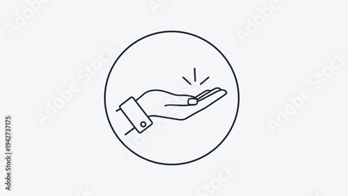 Minimalist line art icon of an open hand reaching out or offering something inside a circular frame for service and giving concepts.
