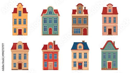 Collection of eight traditional European city houses with colorful facades and classic gabled roofs for urban architecture illustrations.