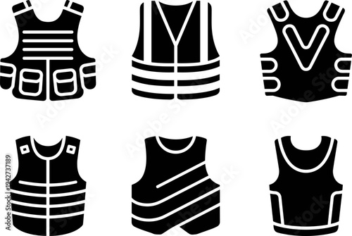 Black safety vest silhouette collection with flat vector icons for industrial security, construction site protection, tactical gear and worker uniforms.