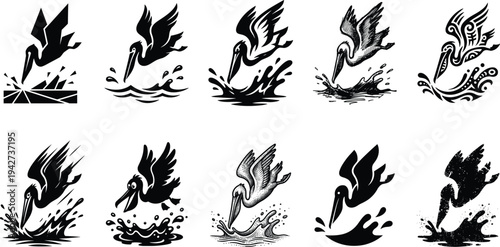 Set of pelican diving into water splash silhouettes, black seabird hunting icons collection, wildlife fishing bird dive logos isolated for vector design and branding
