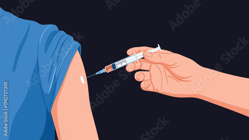 Medical procedure illustration showing a hand in a glove administering a vaccine injection into a person's arm on a dark background.
