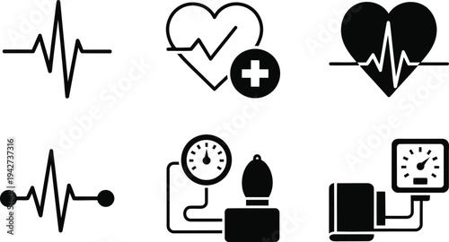 Cardiology Heartbeat and Blood Pressure Monitor Icons for Healthcare