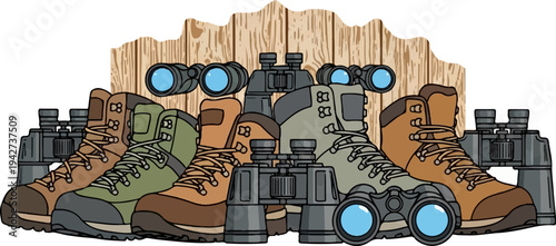 Assortment of hiking boots and binoculars displayed against a wooden background
