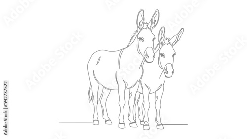 Donkeys Duo in Harmony: A tender monochrome portrayal of two donkeys, standing side by side, their silhouettes forming a bond of companionship and mutual affection.