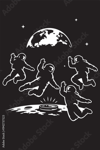 Silhouette of four astronauts waving from lunar flyby orbit, earthrise background, zero-gravity floating poses.