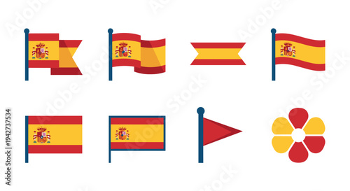 Spanish flag set with various designs and symbolic flower emblem