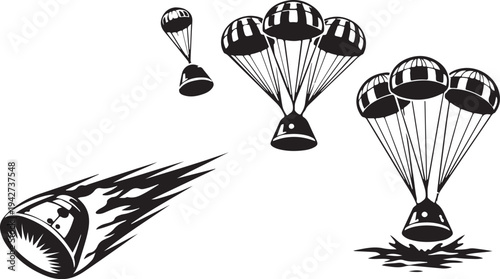 Vector outline of crew capsule re-entering atmosphere with heat shield glow, parachute deploy sequence