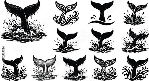 Whale tail splash silhouette vector collection featuring ocean marine wildlife illustrations in tribal, geometric and sketch styles, aquatic animal icons isolated on white background