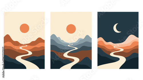 Set of three vertical landscape posters depicting a river through mountains under the sun and moon in warm and cool color palettes.