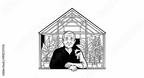 An elderly man smiles from inside a glass greenhouse filled with plants