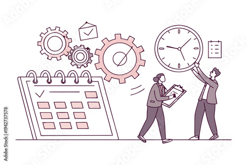 Professional business team managing time and tasks with gears,
Professional Human Resources Illustration.
clock, calendar, and checklist. 
Concept of effective planning, productivity, 
Efficiency at w