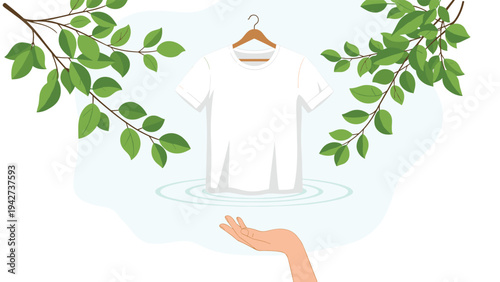 Conceptual illustration of a plain white t-shirt on a wooden hanger floating above clean water surrounded by lush green leafy branches.