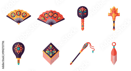 Colorful traditional spanish accessories collection with fans and flamenco style