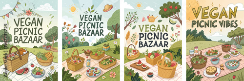 A vibrant collection of vegan picnic bazaar illustrations showcasing delicious plant-based foods.