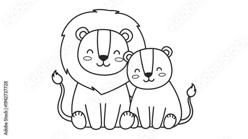 Lion Family: A touching portrayal of parental tenderness and filial affection as a regal lion and its adorable cub share a moment of calm and connection.